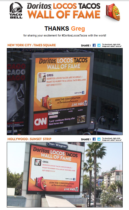 Aerva runs Social Media campaign for Taco Bell on Sunset Blvd and Times Square
