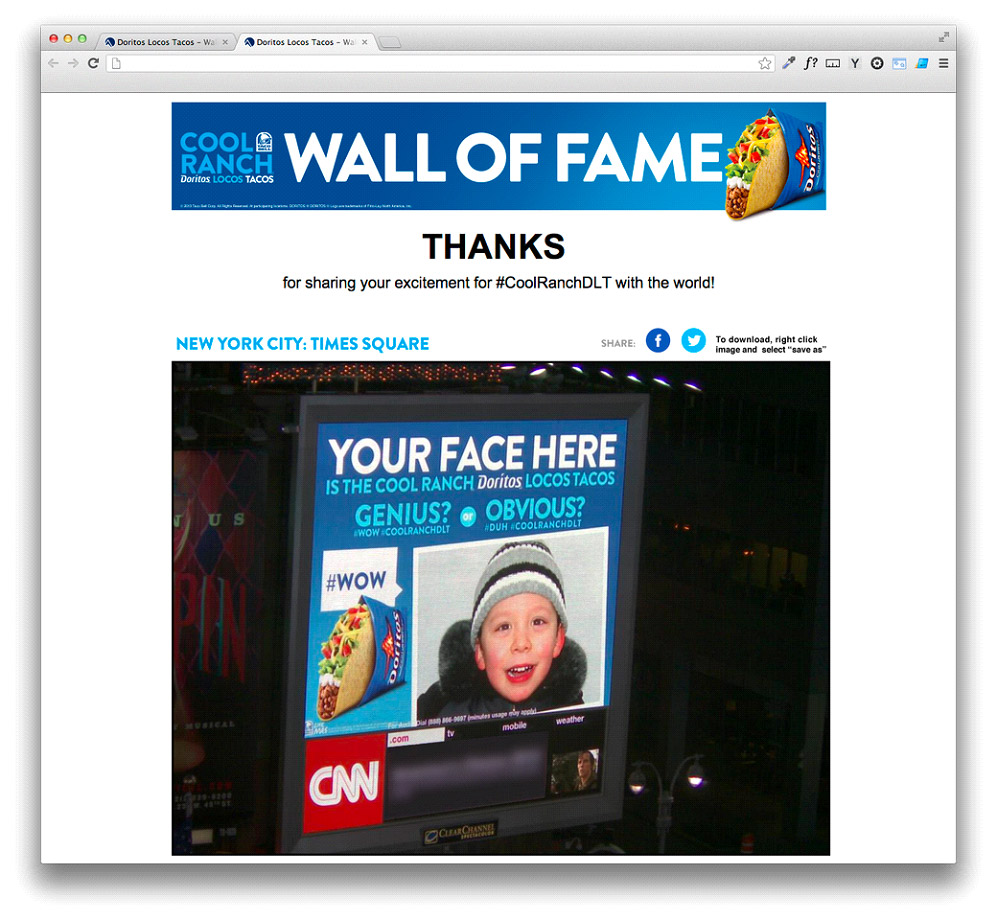 Cool Ranch Doritos Locos Tacos on ClearChannel billboard in Times Square with Aerva Pic2Screen